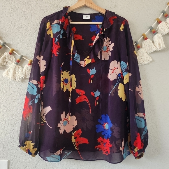Cabi Juliet Ruffle Semi Sheer Floral Long Sleeve Top Business Casual Modest M - Picture 1 of 11